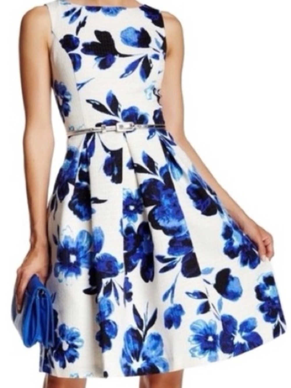 Eliza J Floral Dress with Blue and White Print